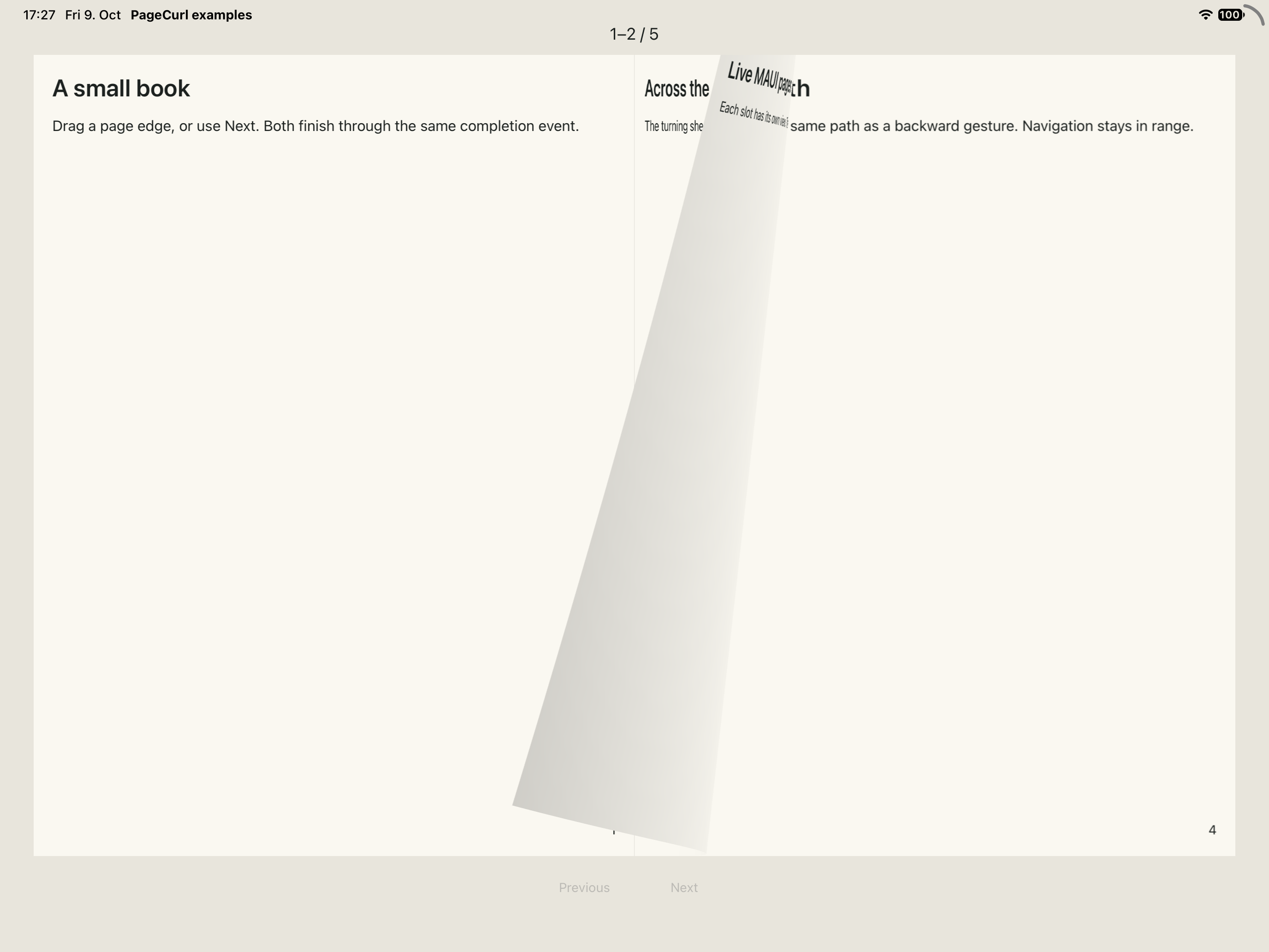 The five-page reader on iPad: the first page stays flat, the right sheet curls to reveal the next spread, with the page counter and Previous/Next controls visible.